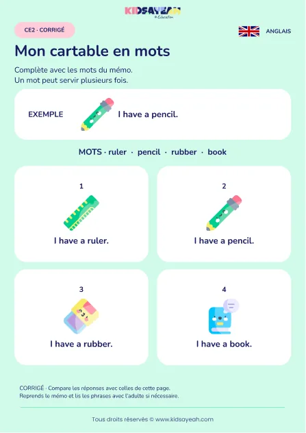 Compléter les objets du cartable dans I have au CE2 — corrigé