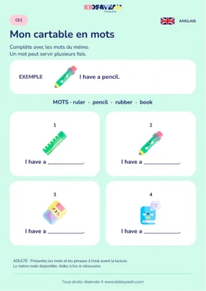 Compléter les objets du cartable dans I have au CE2 — fiche enfant