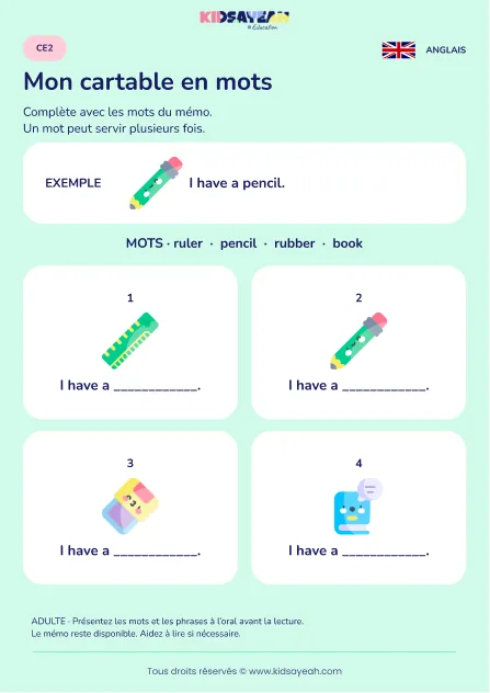 Compléter les objets du cartable dans I have au CE2 — fiche enfant