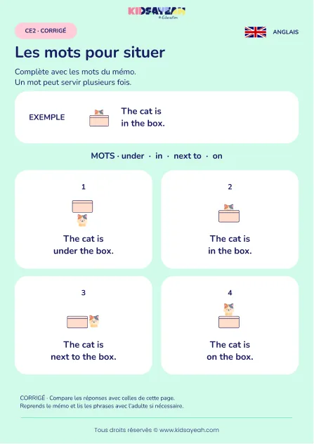 Compléter les prépositions de lieu avec un chat au CE2 — corrigé