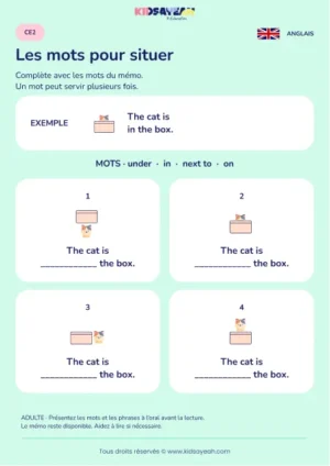 Compléter les prépositions de lieu avec un chat au CE2 — fiche enfant