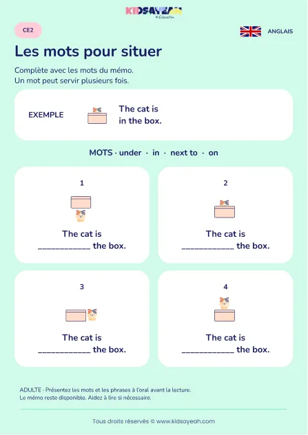 Compléter les prépositions de lieu avec un chat au CE2 — fiche enfant