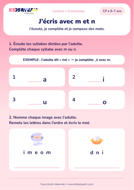 compléter avec m ou n et écrire momie et nid au CP — fiche CP à imprimer