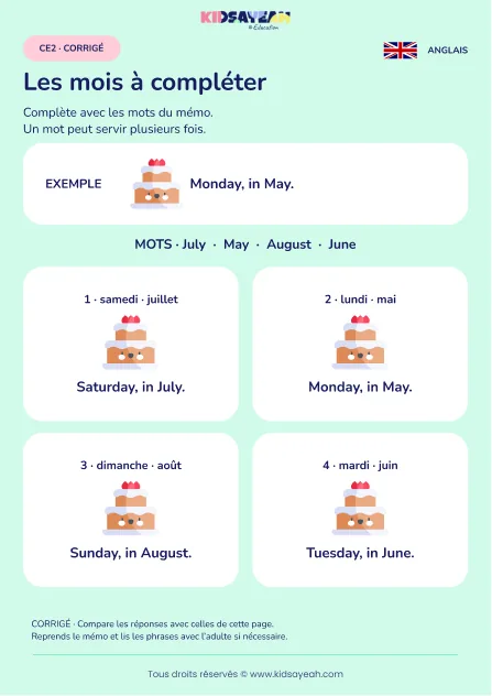 Compléter May June July August dans des rendez-vous au CE2 — corrigé
