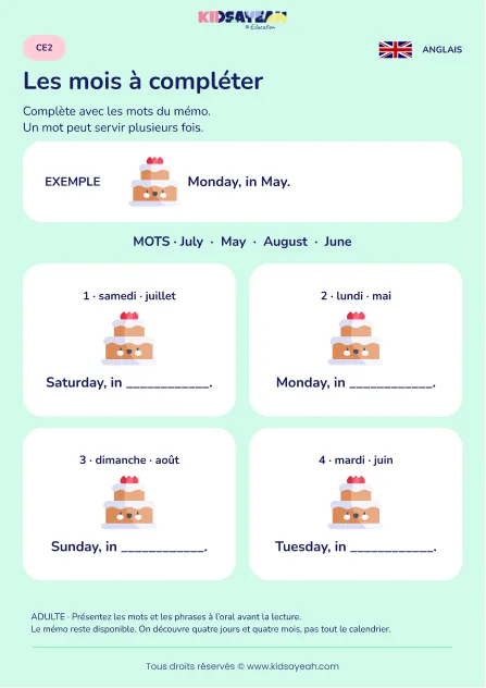Compléter May June July August dans des rendez-vous au CE2 — fiche enfant