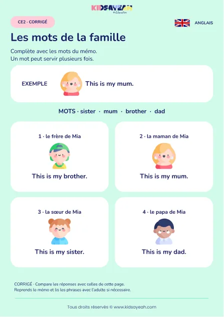 Compléter mum dad brother et sister au CE2 — corrigé