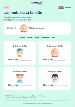 Compléter mum dad brother et sister au CE2 — fiche enfant