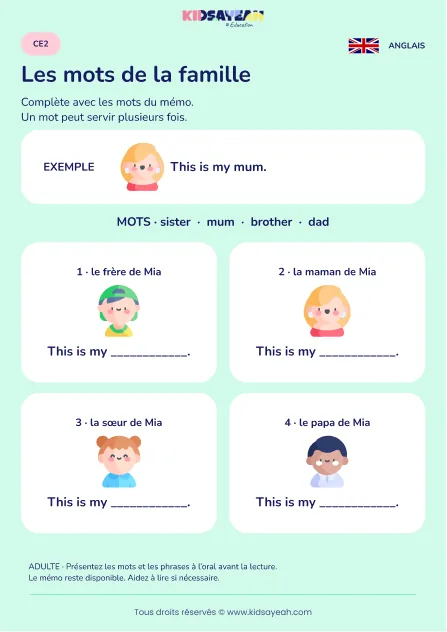 Compléter mum dad brother et sister au CE2 — fiche enfant