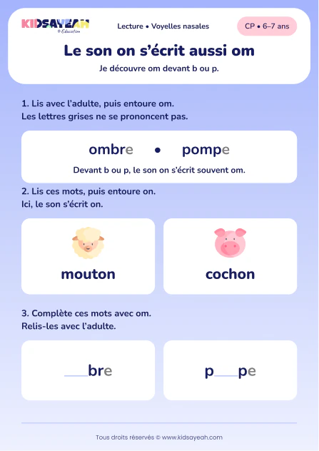 Compléter ombre et pompe avec om devant b ou p au CP — aperçu de la fiche à imprimer