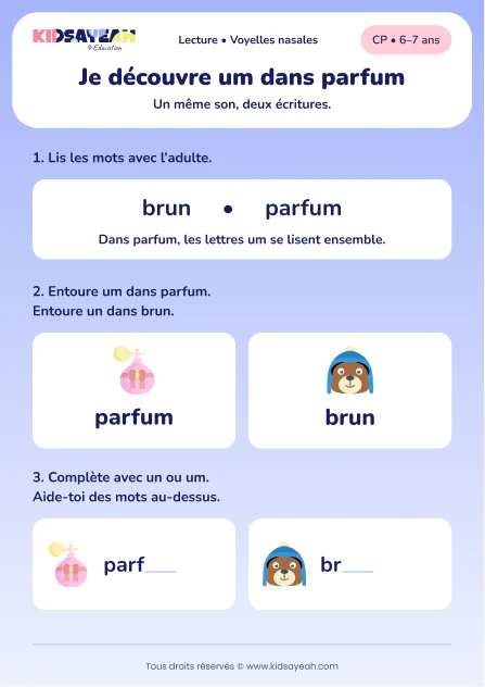 Compléter parfum et brun avec um ou un au CP — aperçu de la fiche à imprimer