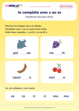 compléter poisson, raisin, saucisse et cerise avec s ou ss au CE1 — aperçu de la fiche CE1 à imprimer