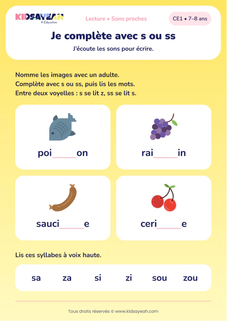 compléter poisson, raisin, saucisse et cerise avec s ou ss au CE1 — aperçu de la fiche CE1 à imprimer