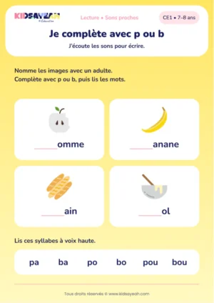 compléter pomme, banane, pain et bol avec p ou b au CE1 — aperçu de la fiche CE1 à imprimer