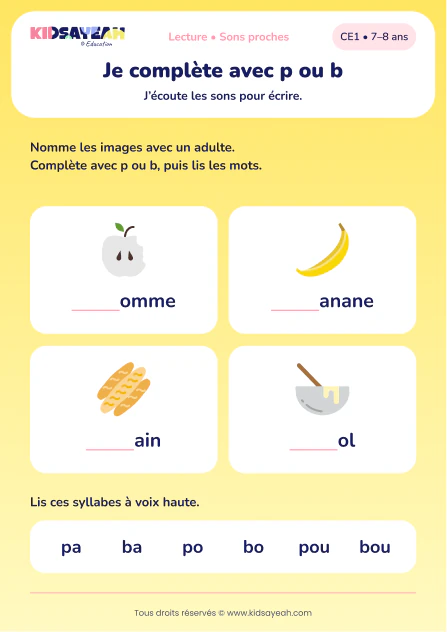 compléter pomme, banane, pain et bol avec p ou b au CE1 — aperçu de la fiche CE1 à imprimer