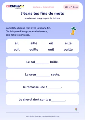 compléter soleil, grenouille, feuille et paille au CE1 — aperçu de la fiche CE1 à imprimer