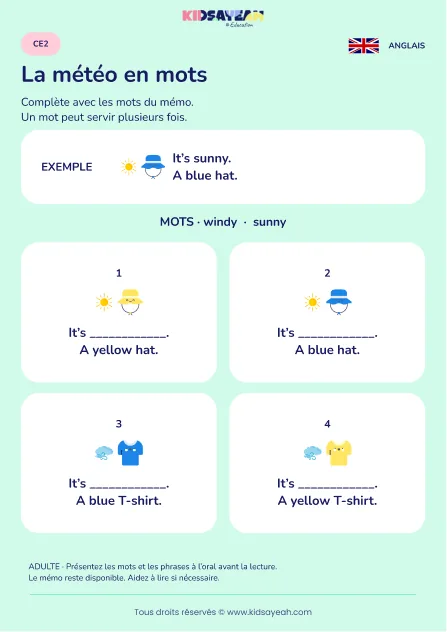 Compléter sunny et windy dans une description au CE2 — fiche enfant