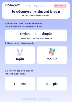 Compléter timbre et simple avec im devant b ou p au CP — aperçu de la fiche à imprimer