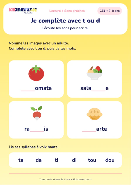 compléter tomate, salade, radis et tarte avec t ou d au CE1 — aperçu de la fiche CE1 à imprimer