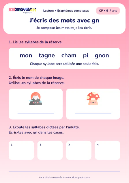 Composer montagne et champignon avec des syllabes au CP — aperçu de la fiche à imprimer