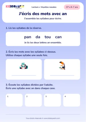 Composer panda et toucan avec pan, da, tou et can au CP — aperçu de la fiche à imprimer
