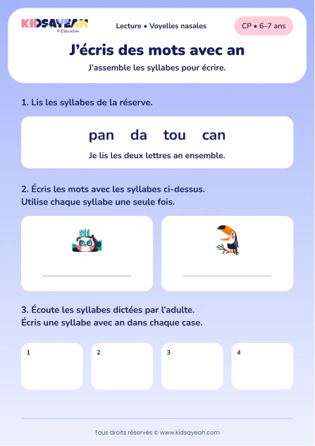 Composer panda et toucan avec pan, da, tou et can au CP — aperçu de la fiche à imprimer