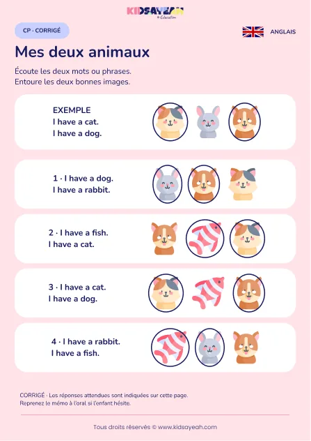 Comprendre deux animaux annoncés avec I have au CP — corrigé