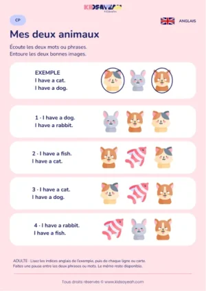 Comprendre deux animaux annoncés avec I have au CP — fiche enfant