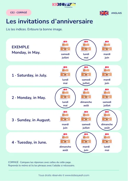 Comprendre jour et mois sur des invitations au CE2 — corrigé
