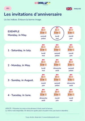 Comprendre jour et mois sur des invitations au CE2 — fiche enfant