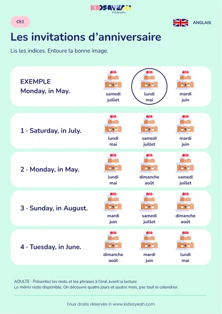 Comprendre jour et mois sur des invitations au CE2 — fiche enfant