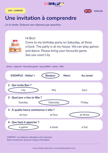 Comprendre l’invitation d’anniversaire de Lily au CM2 — corrigé