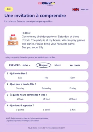 Comprendre l’invitation d’anniversaire de Lily au CM2 — fiche enfant