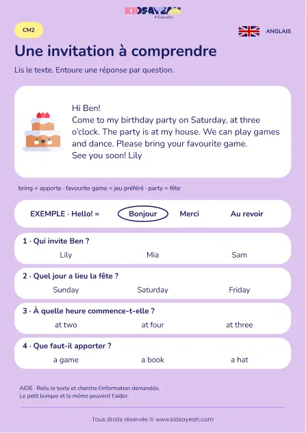Comprendre l’invitation d’anniversaire de Lily au CM2 — fiche enfant