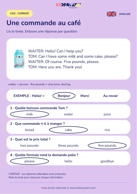 Comprendre la commande de Tom au café en anglais au CM2 — corrigé