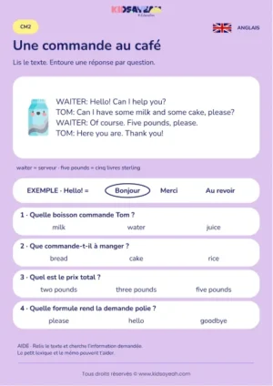 Comprendre la commande de Tom au café en anglais au CM2 — fiche enfant