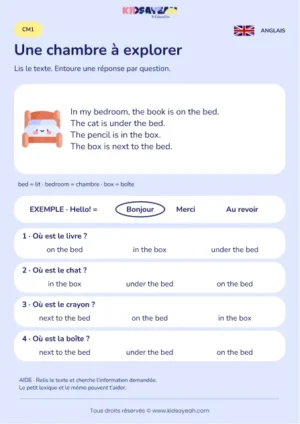 Comprendre la position des objets dans une chambre au CM1 — fiche enfant