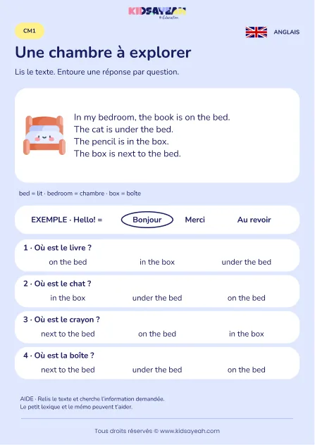 Comprendre la position des objets dans une chambre au CM1 — fiche enfant