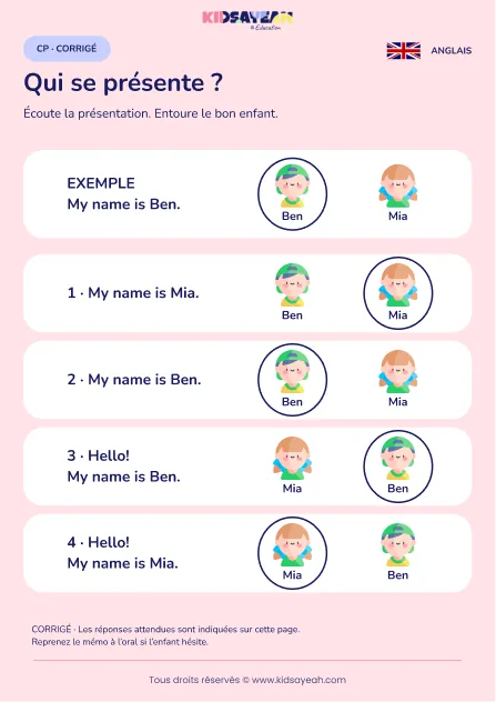 Comprendre la présentation de Ben et Mia en anglais au CP — corrigé