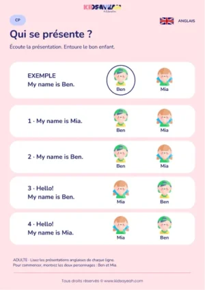 Comprendre la présentation de Ben et Mia en anglais au CP — fiche enfant