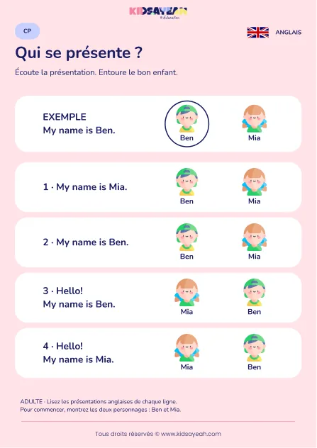 Comprendre la présentation de Ben et Mia en anglais au CP — fiche enfant