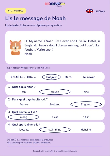 Comprendre le message anglais de Noah à Bristol au CM2 — corrigé