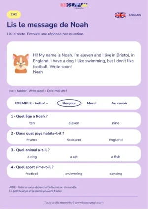 Comprendre le message anglais de Noah à Bristol au CM2 — fiche enfant