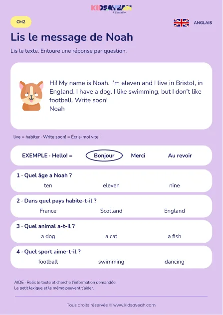 Comprendre le message anglais de Noah à Bristol au CM2 — fiche enfant