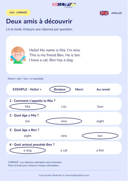 Comprendre le portrait de Mia et Ben en anglais au CM1 — corrigé