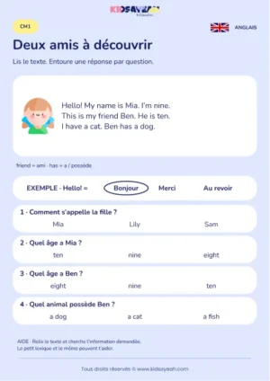Comprendre le portrait de Mia et Ben en anglais au CM1 — fiche enfant