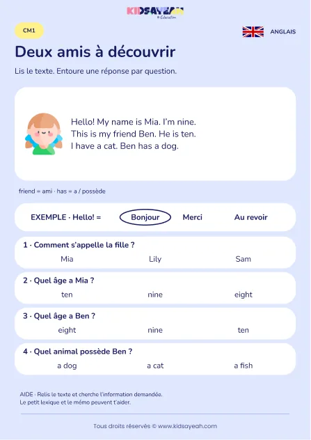 Comprendre le portrait de Mia et Ben en anglais au CM1 — fiche enfant