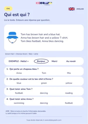 Comprendre le portrait de Tom et Anna en anglais au CM1 — fiche enfant