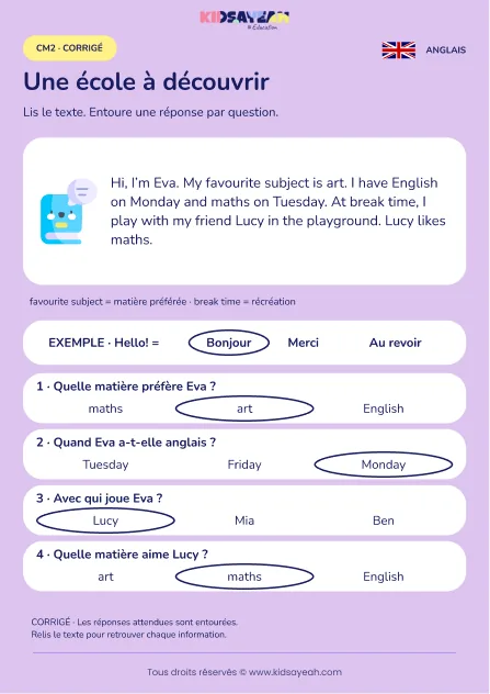 Comprendre le récit d’école d’Eva en anglais au CM2 — corrigé