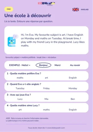 Comprendre le récit d’école d’Eva en anglais au CM2 — fiche enfant