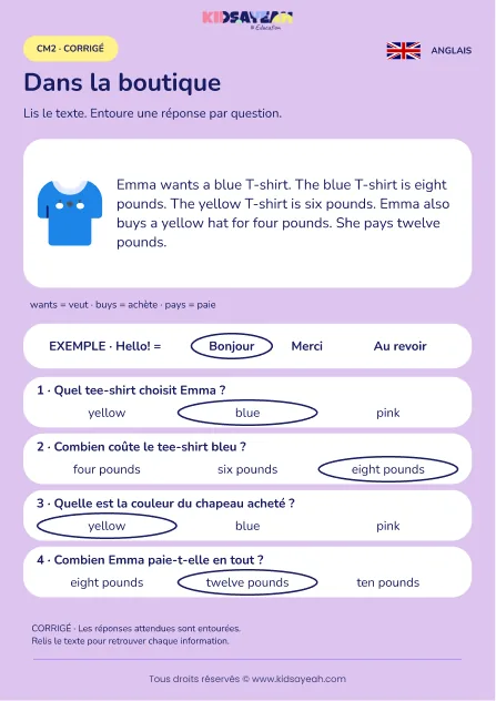 Comprendre les achats de vêtements d’Emma au CM2 — corrigé